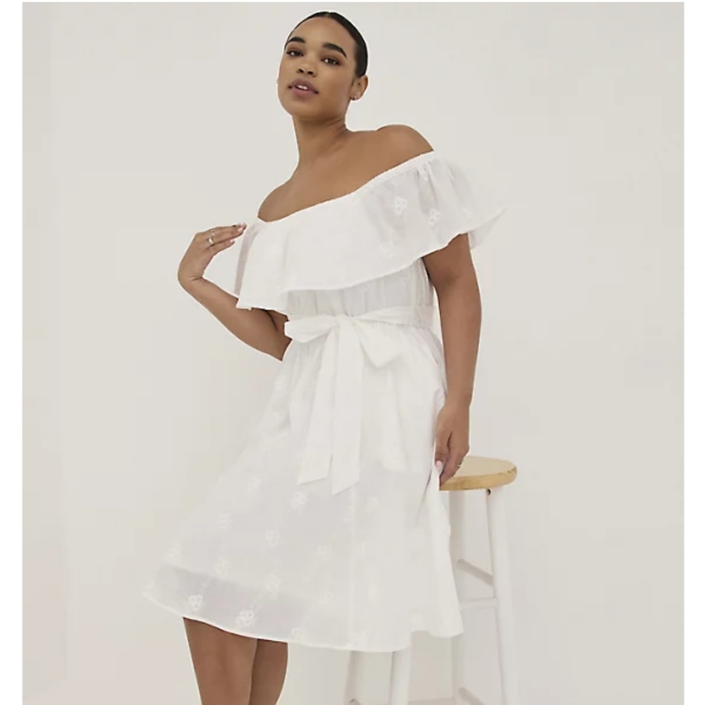 OFF THE SHOULDER TIE WAIST SKATER DRESS CHALLIS WHITE EMBROIDERY size 00 POCKETS